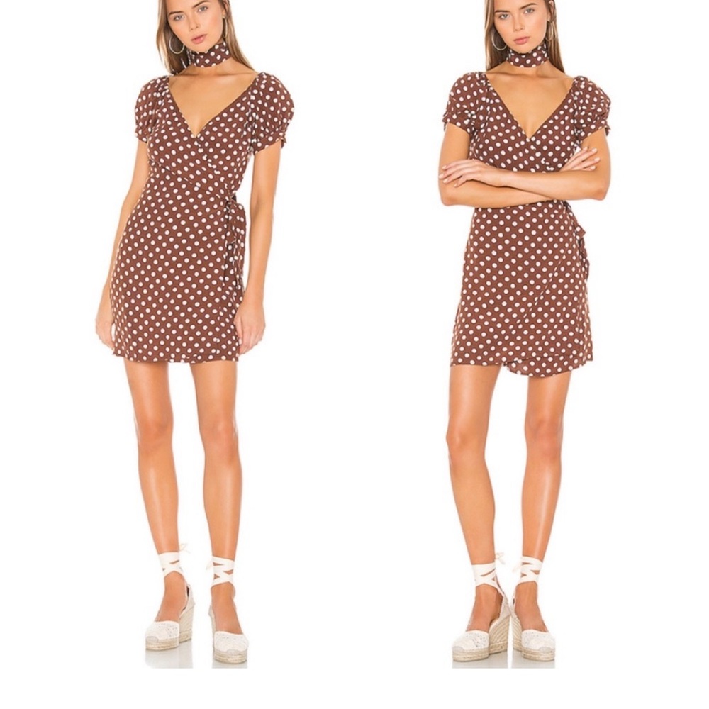 LPA Gianna Revolve brown polka dot wrap tie dress size small mini skirt